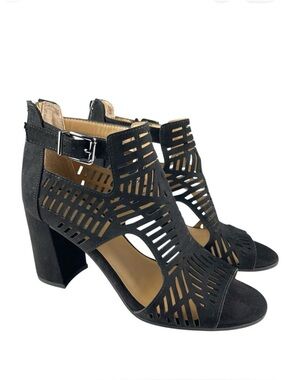 Franco Sarto Maggie Sandals 6.5M Black Faux Suede Cutout Ankle Strap Block Heel